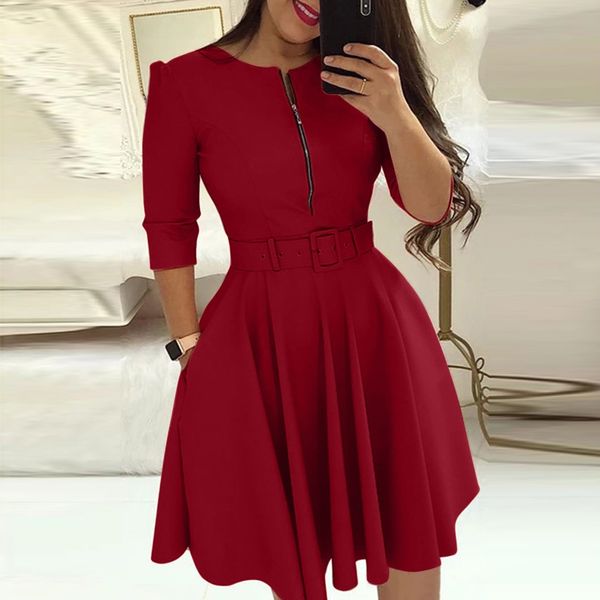 

2019 autumn three quarter sleeve o-neck four-leaf zip with belt dress round neck fashion party dresses vestidos dropshipping 11, Black;gray