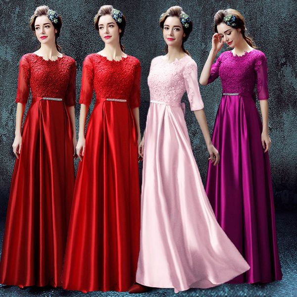 

half sleeves satin with lace bridesmaid dress long 2020 red dark red purple formal dresses robe de soiree, White;pink