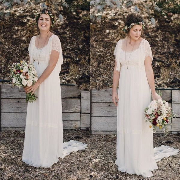 Abiti da sposa bohémien taglie forti maniche corte in pizzo premaman economici scoop aperto sul retro abiti da spiaggia da sposa da sposa primaverili country