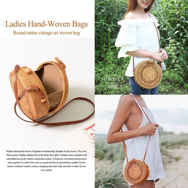 

ins new ladies hand-woven bag round rattan retro art hand-woven bag bohemian hollow five-pointed star beach round shoulder p