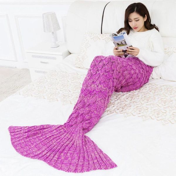 

9 colors mermaid blanket handmade knitted sleeping wrap tv sofa tail blanket kids baby crocheted bag bedding throws bag