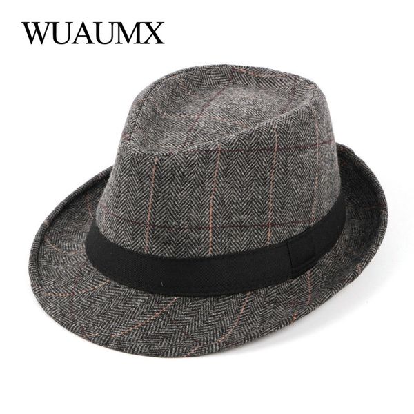 

wuaumx 2020 british style tweed jazz caps men fedoras hat for male autumn winter retro bowler hats gentleman father's hat, Blue;gray