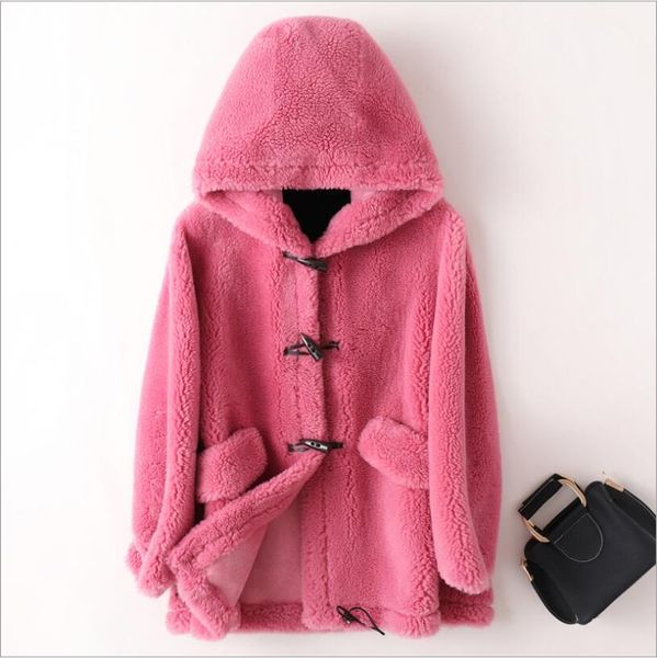 

2019 autumn/winter mid-length sheep shear coat lamb fur fashion casual hooded faux fur jacket, Black