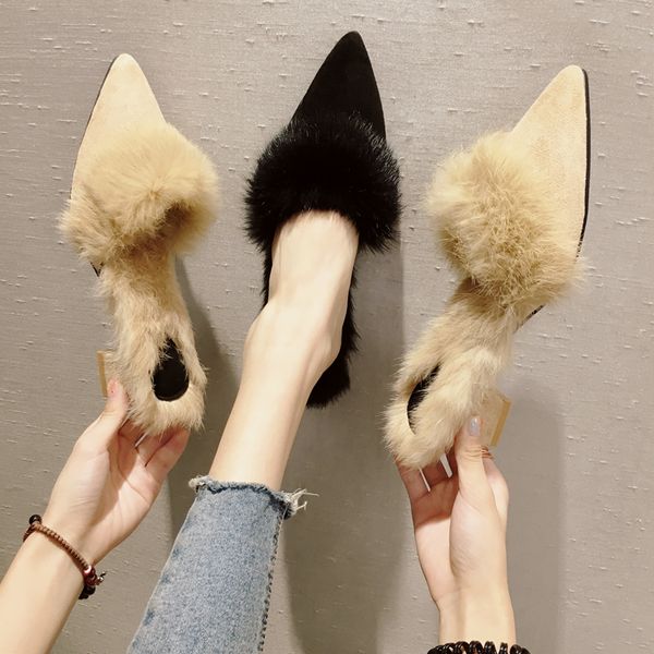

winter plush mules slippers women furry pointed toe chunky heels ladies fluffy fur slides soft comfortable warm shoes flipflops, Black