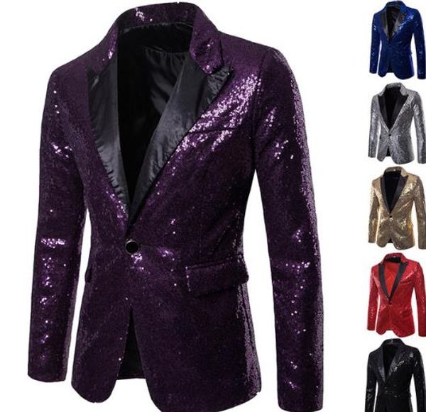 

mens shining sequin blazer suit jacket for host one button blazer coat cocktail party banquet prom s-xxl gold blue red black silver purple, Black;brown