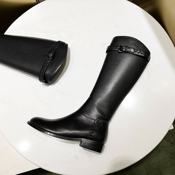 

new riding boots knight boots leather knee rivet belt buckle women's low with round head black side zipper