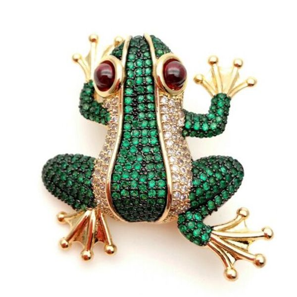 

clear and green frog pin pendant in yellow golden plated, Gray