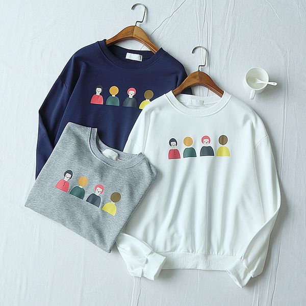 

good quality four small people pattern round neck long sleeve loose casual women sweatshirt womens clothing, Black