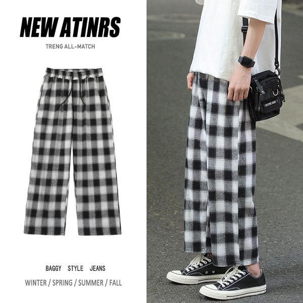 

spring summer plaid pants men's fashion retro drawstring casual pants men streetwear hip-hop loose straight mens m-2xl, Black
