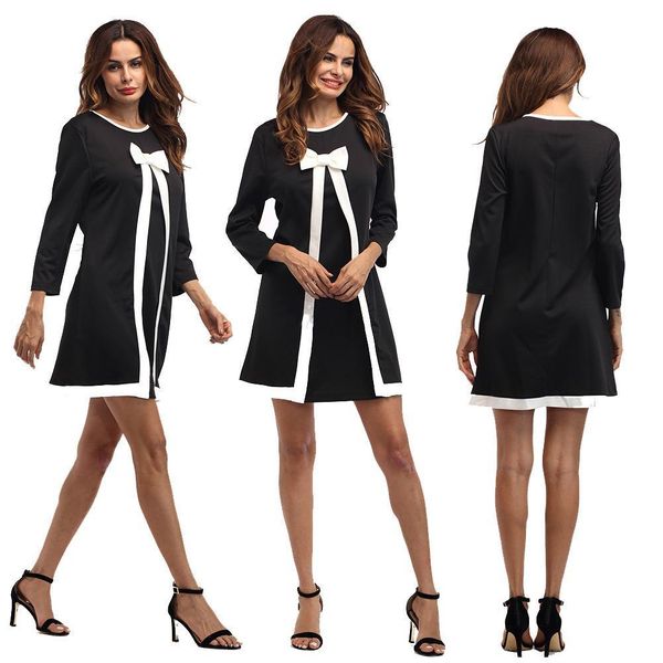 

european and american fashion spring and summer temperament bow nine points sleeve skirt fake two women dress a dress, Black;gray