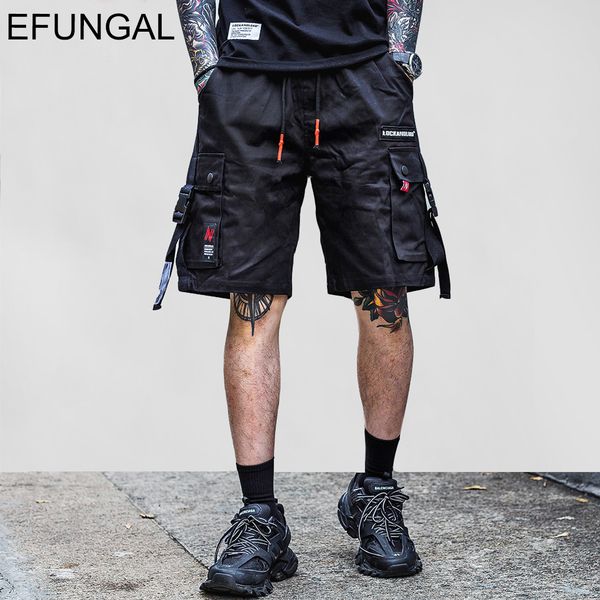 

efungal side strap buckle camouflage cargo shorts streetwear 2019 men hip hop summer casual knee length pockets short joggers, White;black