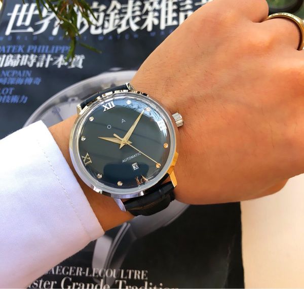 

men's watches stainless steel case black leather strap mechanical automatic movement men male fashion casual 42mm watch f159, Slivery;brown