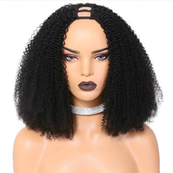

1*3 middle opening u part human hair wigs for black women brazilian virgin afro kinky curly upart wigs 130% 150% 180% density, Black;brown