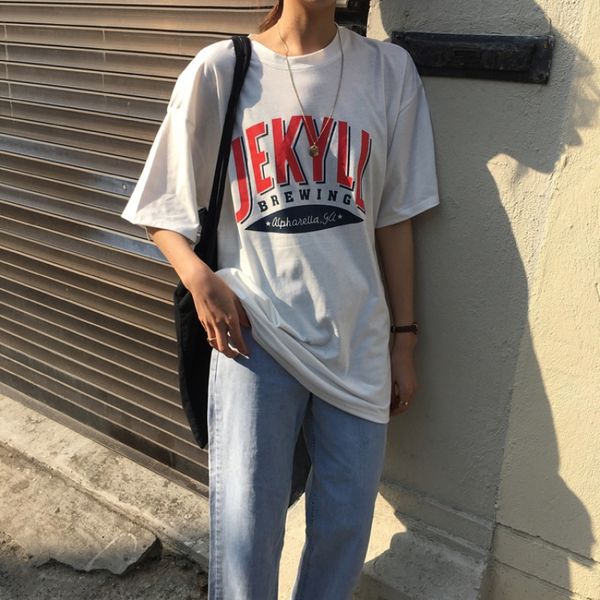 

women's t-shirts harajuku ulzzang student sweet letter printed loose short-sleeved t-shirt lady kawaii ins chic tshirt for women, White