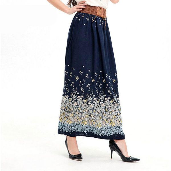 

2020 новый стиль женщины юбки длинные цветочные печати летний пляж a-line лодыжки длина повседневная плюс размер винтаж юбка, Black
