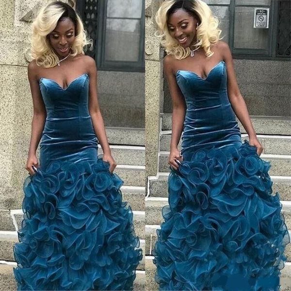 

african black girls plus size mermaid prom dresses velvet sweetheart ruffles organza floor length evening formal dress party gowns, Black;red