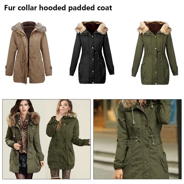 

winter ladies warm coats woman artificial fur collar thickening long sleeve comfortable parkas hooded cotton inside solid jacket, Black