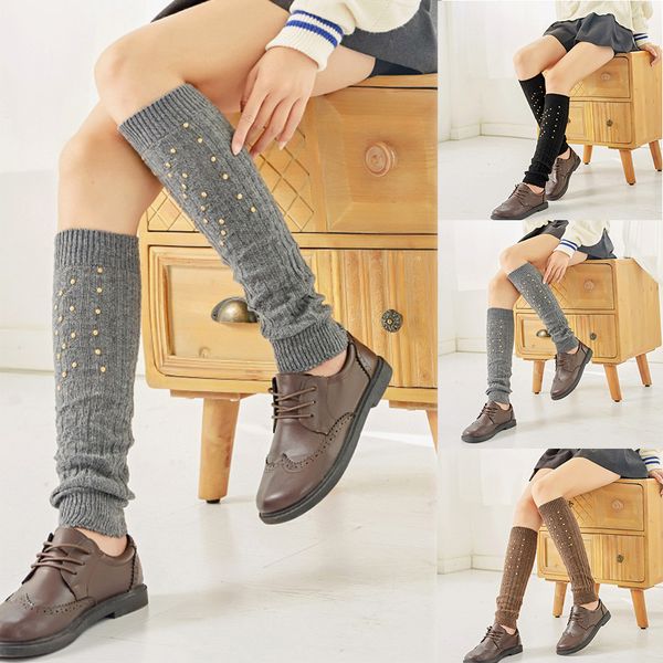 

girls ladies women warm knee high winter knit solid crochet leg warmer socks warm boot cuffs thickening long socks, Black;white