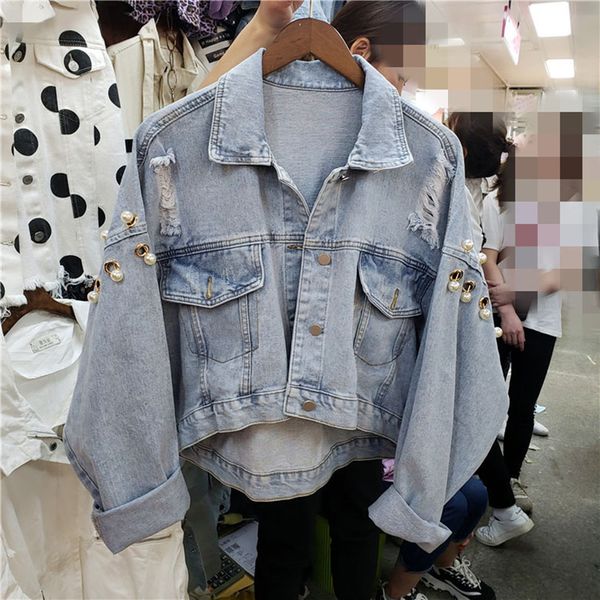 

tyhru female cowboy coats bat sleeve loose denim jacket beads short crop jackets student streetwear, Black;brown