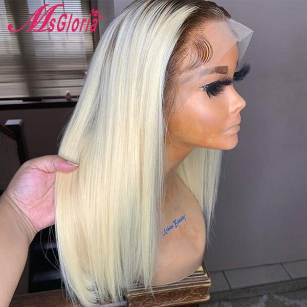 

lace wigs ombre blonde 613 bob wig 13x6 front human hair brazilian blunt cut transparent, Black;brown