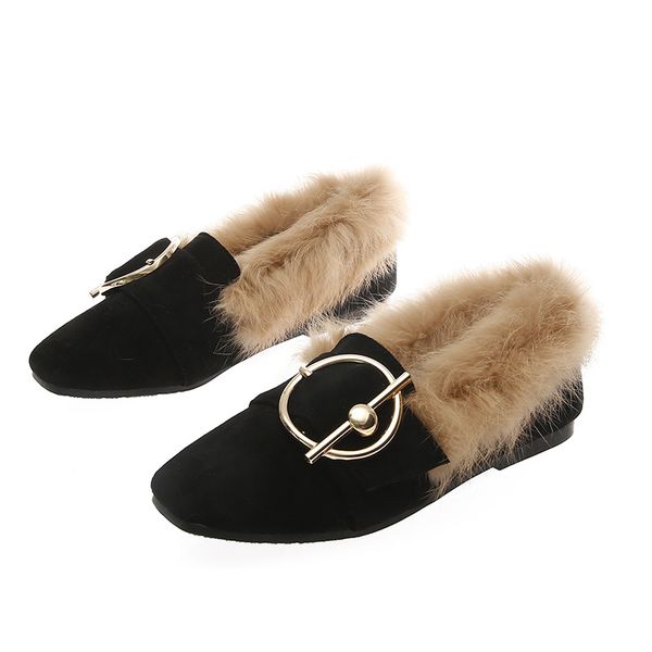 

european brand ladies shoes fur flats 100% rabbit hair moccasins comfy loafer women oxford furry shoes metal buckle flats winter, Black
