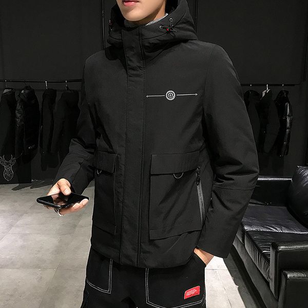 

2019 new style men winter fashion casual hooded warm coat short 80% white duck down jacket men's wear, Black