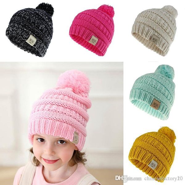 

knit kid crochet beanies hat with ball girls boys winter warm pompom mok caps 12 colors, Yellow
