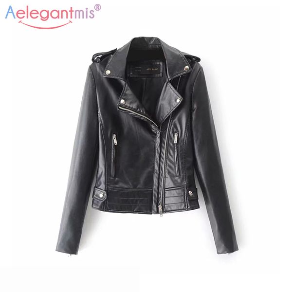 

aelegantmis autumn winter new soft faux leather biker jacket women casual black pu leather jacket ladies streetwear moto