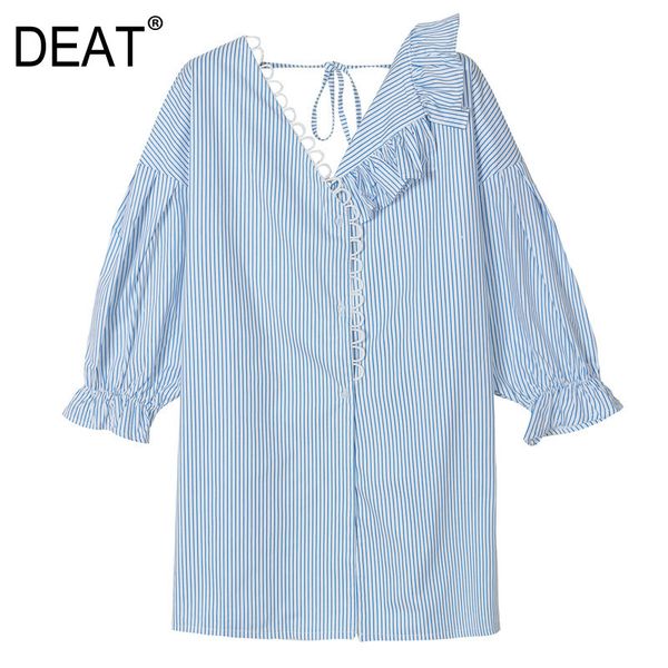 

deat 2020 stocks new items v-neck lantern sleeves ruffles striped single breasted shirt female girl's blouse wk47305, White