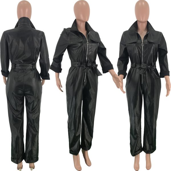 

cool fashion black pu leather women jumpsuits high waist lace-up rompers high street brand popular jumpsuits, Black;white