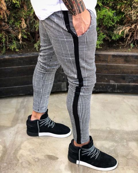 

2018 new style fashion men's fleece lined pants pencil pants suit striped casual zipper pocket, Black