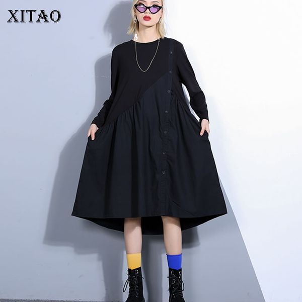

xitao] 2019 spring new korea fashion women o-neck full sleeve casual dress female patchwork button mid-calf loose dress zll2970, Black;gray