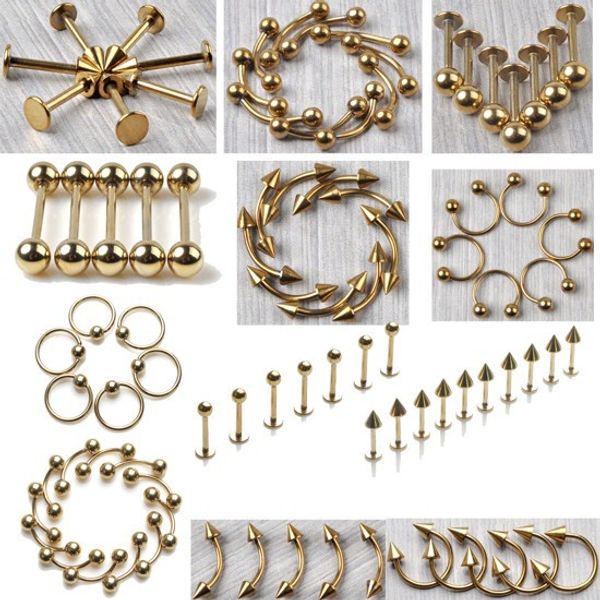 

5pcs gold stainless stain cartilage upper ear tragus labret helix tongue bar belly lip barbell rings piercing body jewelry, Slivery;golden