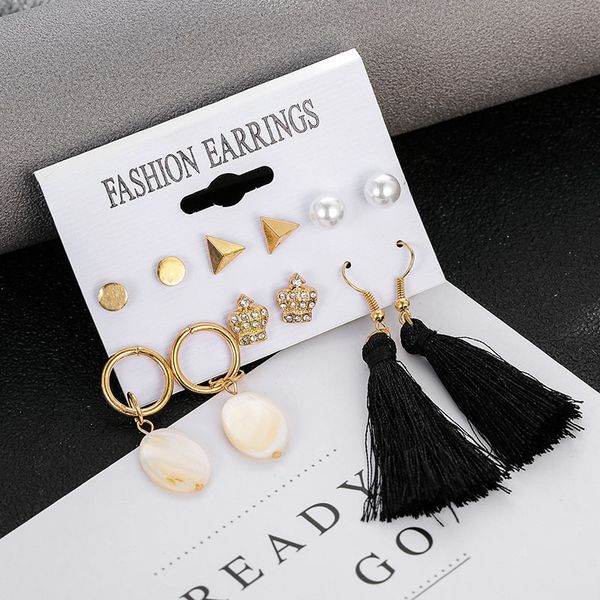 

6 pairs/set boho mix design gold color alloy shaped geometric earrings set for women bohemia round long tassel ear cuff earrings, Golden;silver