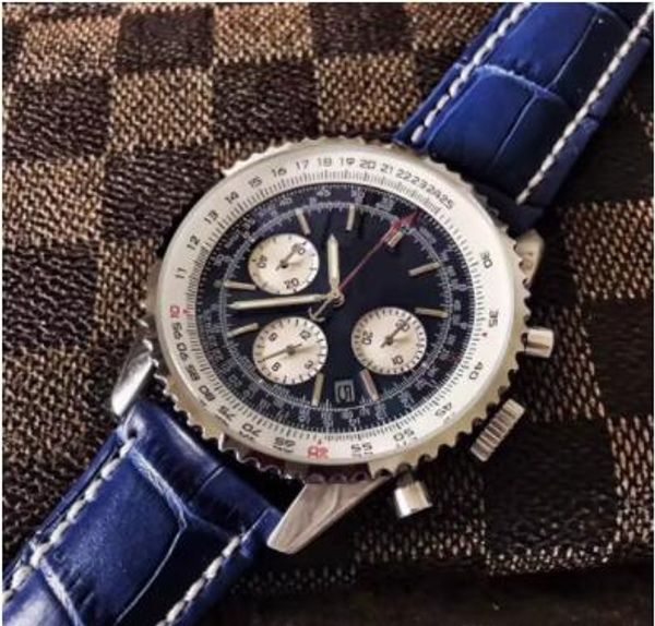 

high-quality luxury watch montbrillant quartz chronograph 43mm blue dial 316l leather strap sapphire original strap men's sports, Slivery;brown