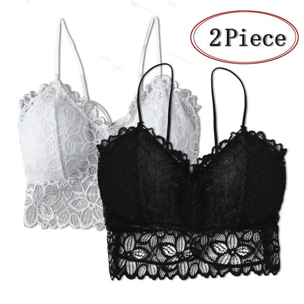 

2pcs ace rimless bra underwear strap vest lace floral embroidery bralette lingerie comfort seamless adjusted bras, White