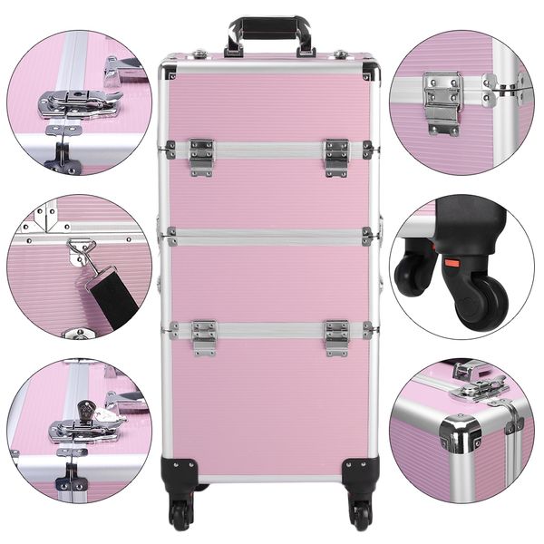 

3 in 1 four round aluminum rod cosmetic case tattoo box beauty box can be rotated pink