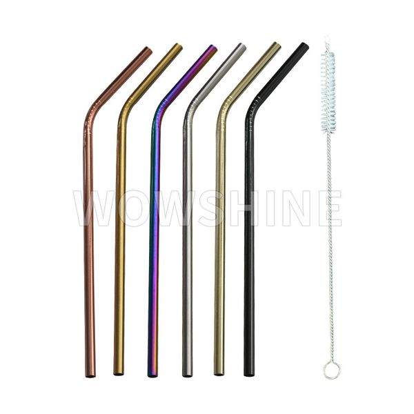 

promotion wowshine stainless steel bent drinking straws 1 straw+1 brush 6mmx215mm 18k gold/rosegold/gun black/silver