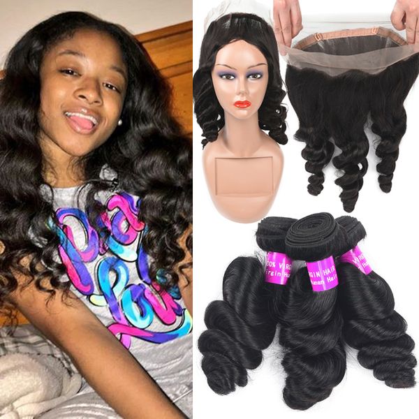 

9a malaysian virgin hair bundles with 360 lace frontal closure loose deep water wave human hair extension 3bundles and full 360 lace frontal, Black