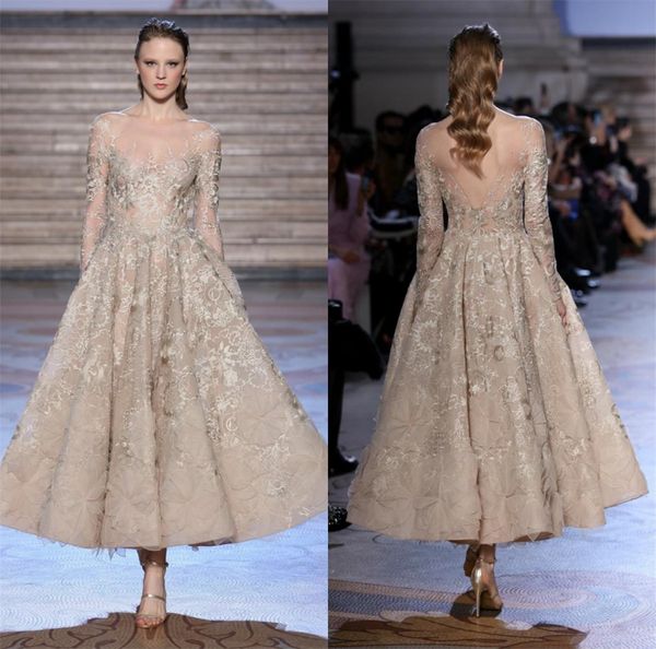 Abiti da sera Tony Ward Collo gioiello Maniche lunghe Tulle Appliqued A Line Abiti da ballo Abito da cerimonia formale alla caviglia su misura