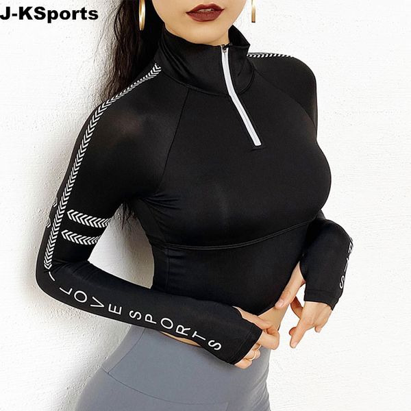 

new gym clothing cropped womens sports yoga shirts long sleeve half zipper running fitness workout t-shirts with padded, White;red