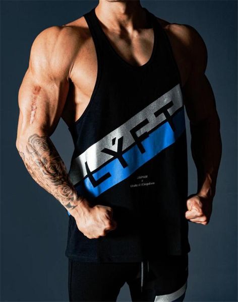 

men bodybuilding tank gym workout fitness cotton sleeveless shirt running clothes stringer singlet mens summer casual vest, Black;blue