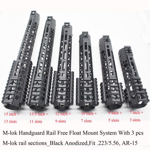 7/9/10/11/12 / 13.5 / 15 '' polegadas M-lok Hand Rail Rail Ultraleve Free Float Sistema de Montagem com 3 pcs M-lok Trilho Secções_Black Cor