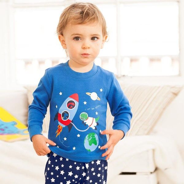 

new cotton children kid clothes long sleeve baby pajamas dinosaur rocket star space cartoon 2-7y, Blue;red
