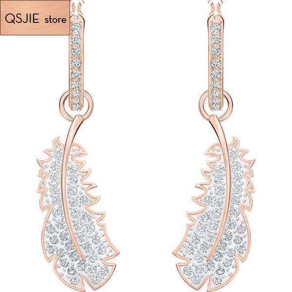 

swa classic fashion electroplate inlaid zircon feather earrings, Silver