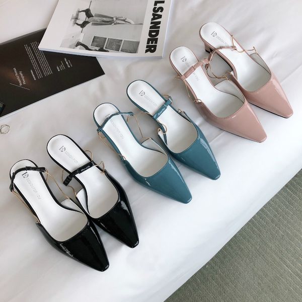 

boussac pointed toe slingback sandals women narrow band shoes women patent leather solid high heel sandals, Black