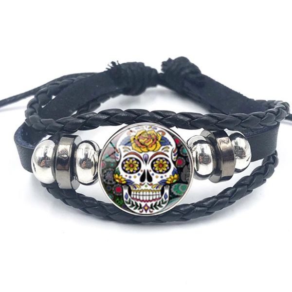 

diy multi-layer woven leather bracelet flower skull time gem bracelet birthday gift jewelry, Golden;silver