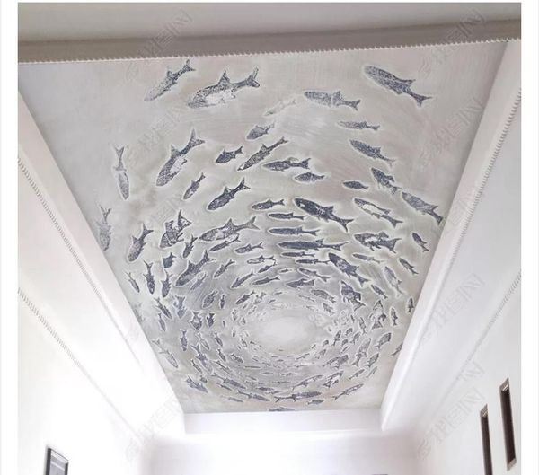 Custom 3d Large Silk Ceiling Mural Photo Wallpaper Stylish Modern Cement Texture Fish Zenith Ceiling Mural Background Wall Papel De Parede Download