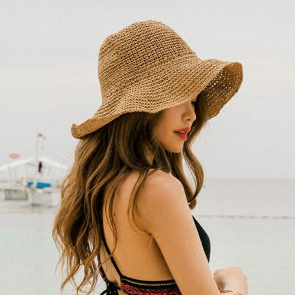 

foldable straw hat woman go on a journey sunscreen sun hat summer seaside sandy beach hats tide summer seaside vacation, Blue;gray