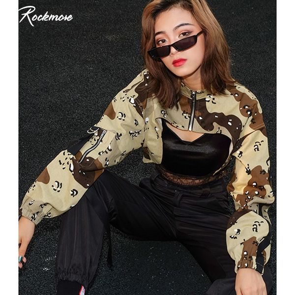 

rockmore zipper camouflage printed women outwear jackets loose long sleeve cropped coats femme plus size coats autumn, Black;brown